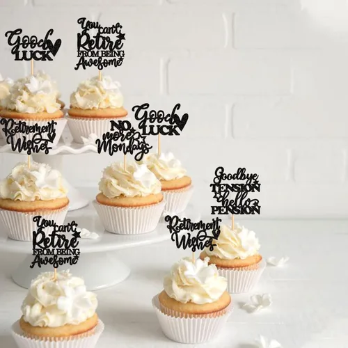Vista 5 de 25 piezas de adornos negros con purpurina para cupcakes de buena suerte, no más lunes, deseos de jubilación, despedidas, tensión, hola, pensión
