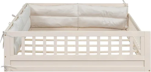 Vista 8 de Cama de plataforma de tamaño matrimonial con valla, plataforma tapizada de madera con barandilla y almohada, color beige
