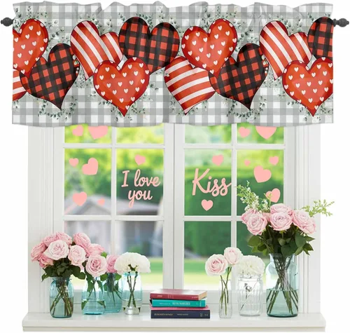 Vista 13 de Cenefa floral para ventanas, cortinas de clavel rojo y rosa, cenefas con bolsillo para barra, cenefa de ventana para primavera, vacaciones, día