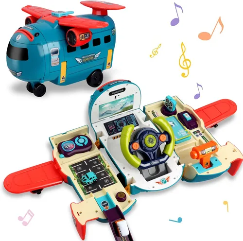 Vista 8 de Dwi Dowellin Juguete de avión rosa con 6 camiones y tapete de juego, avión con luces y sonidos para niños y niñas de 3, 4, 5, 6, 7 años