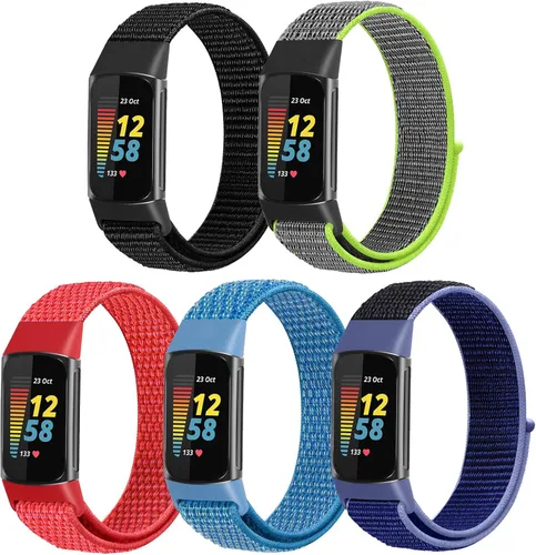 Vista 9 de Correas de reloj de nailon compatibles con Fitbit Charge 6/Charge 5, paquete de 5 correas de repuesto ajustables suaves y transpirables para Charge