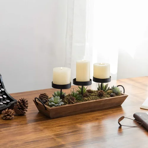 Vista 4 de MyGift Soporte para velas de metal negro de 3 pilares con bandeja de madera rústica y asas, pieza central para mesa/chimenea