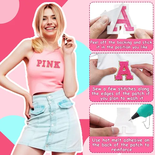 Vista 2 de 6 piezas de parches de letras de chenilla autoadhesivas con purpurina para planchar, parches de letras universitarias estilo preppy, letras difusas