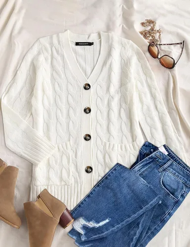Vista 6 de MEROKEETY - Suéter de punto trenzado y manga larga para mujer, estilo cárdigan abierto al frente, con botones, para otoño, ropa de exterior holgada
