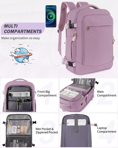 Vista 5 de Mochila de viaje para mujeres y hombres, mochila aprobada para vuelos de 40 L, bolsa de viaje para artículos personales con múltiples bolsillos