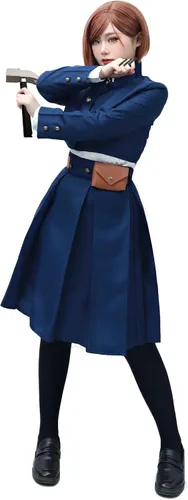 Vista 6 de C-ZOFEK Uniforme Nobara de cosplay de talla estadounidense con cinturón, bolsa, abrigo, falda, trajes de anime