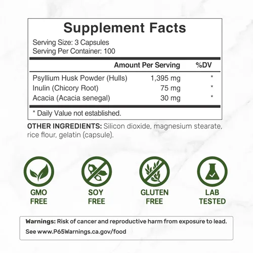 Vista 2 de Cáscara de psyllium 1500mg por porción, 300 cápsulas – Suplemento de fibra 3 en 1 con complejo de inulina y acacia – Fibra soluble natural, apoya