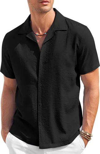 Vista 9 de COOFANDY Camisa casual con botones para hombre, manga corta, texturizada, para verano, para playa cubana