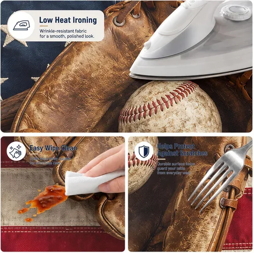 Vista 3 de Mantel redondo de béisbol, bandera estadounidense, vintage, bate de béisbol, guante, para interiores y exteriores, picnic, fiesta, apto para mesas