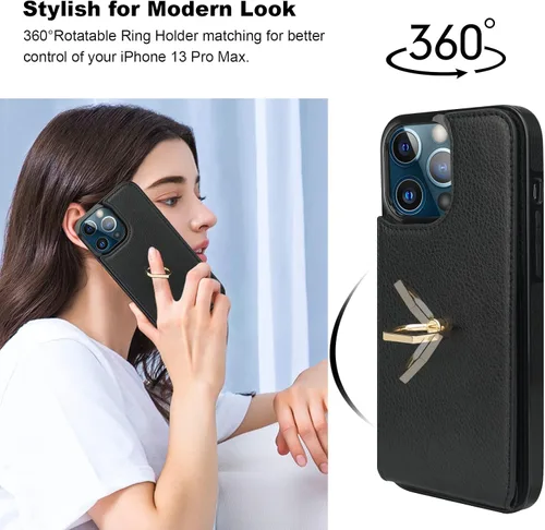 Vista 3 de Folosu Funda compatible con iPhone 13 Pro Max con soporte para tarjetas, rotación de 360°, soporte de anillo de dedo con función atril, protección