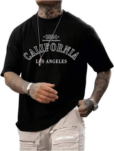 Vista 4 de GORGLITTER Camiseta de manga corta con cuello redondo para hombre, casual, hombros caídos, camiseta de gran