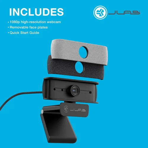 Vista 9 de JLab, JBuds Cam, cámara web USB, enfoque automático de 1080p, micrófono dual, negro con placa frontal blanca