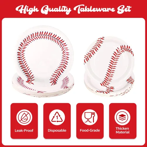 Vista 3 de WILDPARTY Juego de 96 piezas de suministros para fiesta de béisbol para 24 invitados, incluyendo platos de papel de béisbol, platos de postre