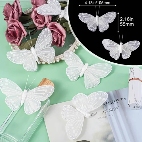 Vista 2 de HINZIC Paquete de 10 mariposas de plumas 3D para decoraciones, calcomanías de mariposa de perlas brillantes para manualidades, adornos de árbol