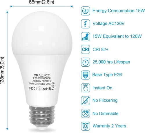 Vista 2 de ORALUCE Bombillas LED de 100 W, equivalente a 120 W, 15 W, 1600 lúmenes, 6500 K, luz blanca fría, base media E26, no regulable, certificación UL