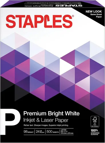 Vista 10 de Papel para Inyección de Tinta Staples – 8.5" x 11" Multiusos, 24 lbs, 98Bright, 5 Resmas/Cartón Papel blanco multiusos para impresión nítida por