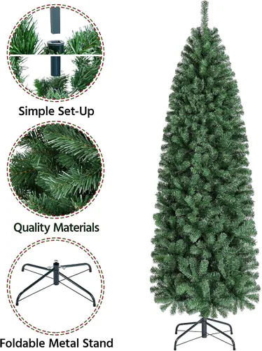 Vista 5 de Yaheetech Árbol de Navidad artificial de abeto Kingswood sin luz, de 6 pies, árbol de Navidad delgado con bisagras con 814 puntas de ramas y soporte