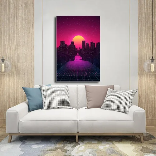 Vista 5 de Cyberpunk Minimal Wall Art – Retro Future Grid Skyline Canvas, Neon Tech Decor for Office Or Bedroom Poster Print for Teen Boys Room Wall Art Canvas