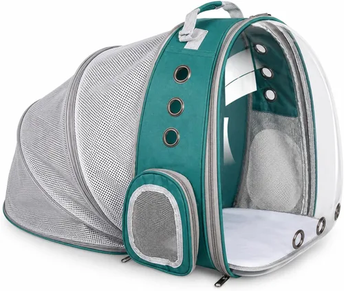 Vista 13 de Mochila expandible para gatos y perros, mochila de viaje para mascotas con ventana de burbujas con malla transpirable, estructura anticolapso, Negro