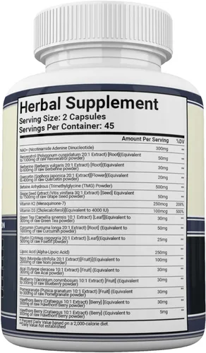 Vista 2 de Suplemento NAD+ 18 en 1 con resveratrol berberina quercetina fisetina ácido lipoico curcumina Vitamina D3 K2 para energía celular Apoyo
