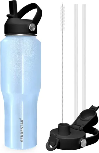 Vista 27 de SENDESTAR - Botella de agua de 0,9 L, 2 tapas (tapa con pajita), boca ancha de acero inoxidable aislada al vacío, doble pared, mantiene los líquidos