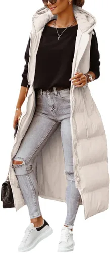 Vista 2 de Shanfetl Chaleco largo acolchado con capucha para mujer, sin mangas, chaleco acolchado, abrigo de invierno