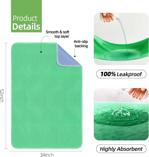Vista 2 de Almohadillas de cama lavables impermeables para incontinencia: 1 paquete, 34 "x 52" absorción extra pesada, almohadillas reutilizables de secado