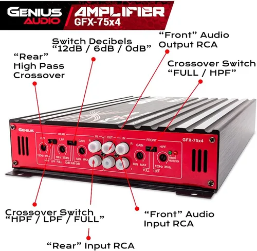 Vista 3 de Genius Audio GFX-75X4 Amplificador de coche de rango completo multicanal 1800 vatios Clase máxima AB 2 ohmios estable con sistema de protección