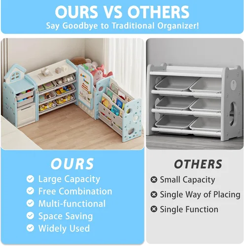 Vista 7 de DEYGIA Organizador plegable de almacenamiento de juguetes para niños con 10 contenedores extraíbles y estantería de 3 niveles, organizador