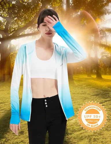Vista 5 de Ropa de protección solar UPF 50+ para mujer, sudadera con capucha y protección solar con cremallera, SPF de manga larga, camisa para el sol, pesca