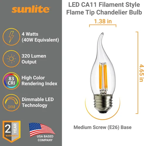 Vista 2 de Sunlite 80449 Bombilla LED CA11 de filamento de luz de araña con punta de llama, 4 vatios (equivalente a 40 W), base E26 media, regulable