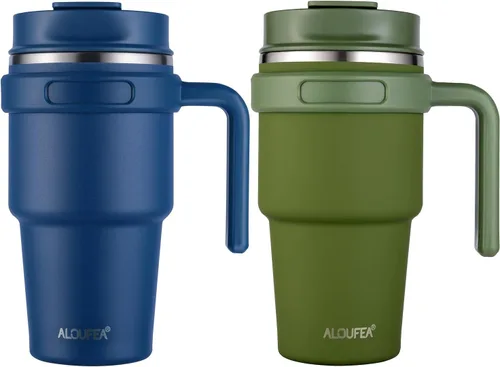 Vista 15 de Taza de café aislada de 20 onzas con asa, vaso de viaje de acero inoxidable con tapa y popote, taza térmica de doble pared al vacío a prueba de Negro