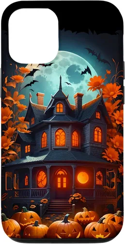 Vista 26 de iPhone 16 Halloween Spooky Haunted House Bats & Carved Pumpkins Case
