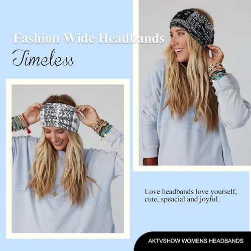 Vista 5 de AKTVSHOW Diademas tipo bandana de 7 pulgadas de ancho para mujer, diademas turbantes de cachemira de moda para cabello grueso, antideslizantes