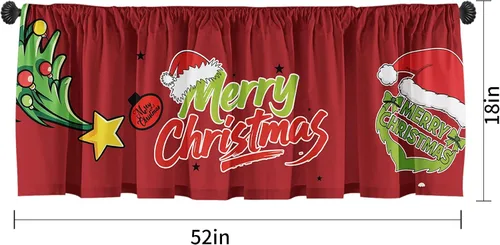 Vista 2 de Cenefas de cortina de cocina de Navidad, Navidad, invierno, cenefas pequeñas con bolsillo para barra, decoración de cortinas cortas de Navidad