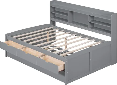 Vista 6 de Cama capitán de tamaño matrimonial con marco de cama Tundle Day con 3 cajones y estanterías integradas de madera maciza, sofá cama de capitán