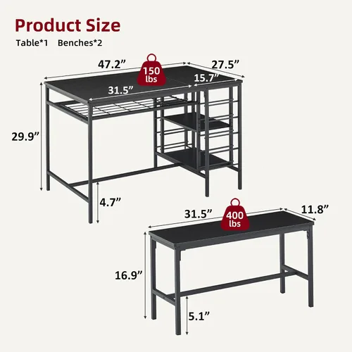 Vista 2 de IDEALHOUSE Juego de mesa de comedor para 4, juego de mesa de cocina para 4 con 2 bancos, juego de mesa de comedor rectangular con estante para Negro