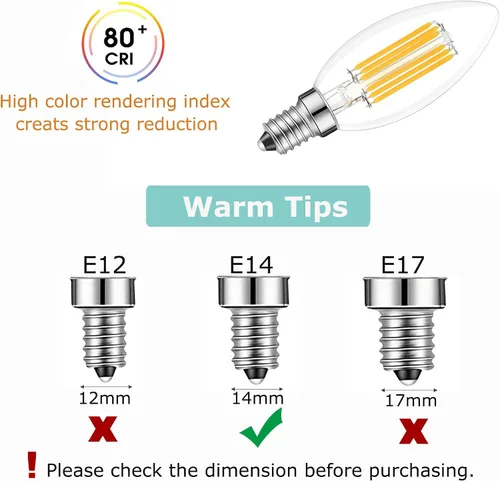 Vista 4 de Bombilla LED E14 regulable, 110 V, 600 lm, 60 W, equivalente a blanco cálido 3000 K, bombillas de candelabro de base europea E14 para lámpara turca
