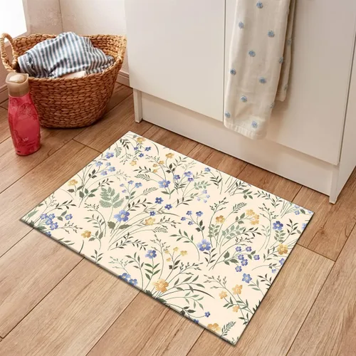 Vista 6 de LB Tapetes de cocina florales azules para cojines de piso, tapete de cocina antifatiga, diseño de flores silvestres sobre beige, juego de 2