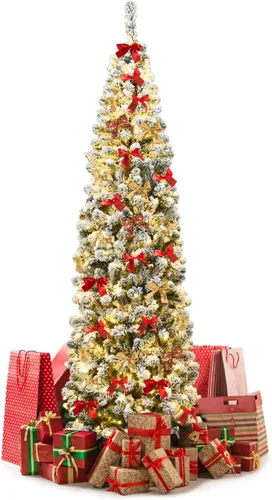 Vista 51 de GOFLAME Árbol de Navidad Artificial Preiluminado de 6 Pies, Árbol de Navidad Delgado con Cobertura de Nieve y Forma de Lápiz con Luces LED