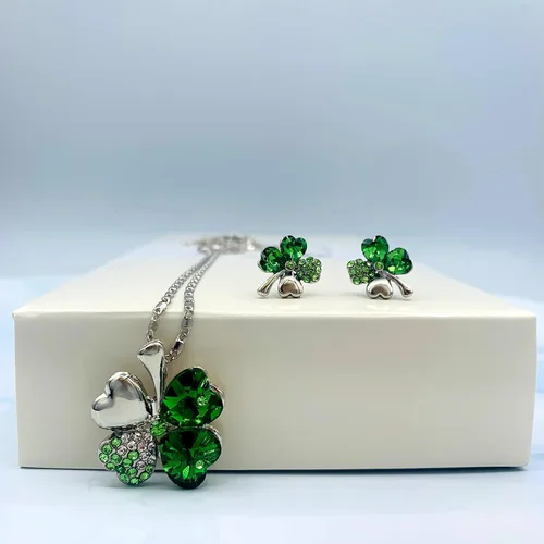 Vista 5 de Collar de trébol de cuatro hojas Joyas de trébol verde del día de San Patricio Buena suerte Collar de trébol verde, aretes, pulsera, broche