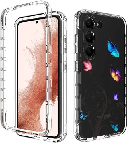 Vista 6 de Funda para Galaxy S23, Samsung S23 con protector de pantalla de vidrio templado, patrón de mariposa transparente de cuerpo completo, funda