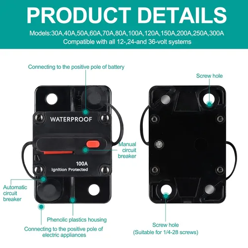 Vista 4 de Disyuntor de 100 amperios, con reinicio manual, impermeable, 12V-48V DC, 30-311A, para protección manual de potencia de audio del sistema