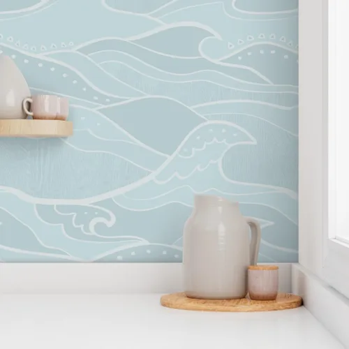 Vista 8 de Spoonflower Papel tapiz para despegar y pegar - Ondas Mar Luz Verde Azul Océano Náutico Surf Beach House Papel pintado extraíble personalizado