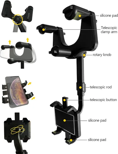 Vista 2 de Soporte giratorio y retráctil de 360° para teléfono de automóvil, soporte ajustable multifuncional, soporte universal para teléfono con espejo