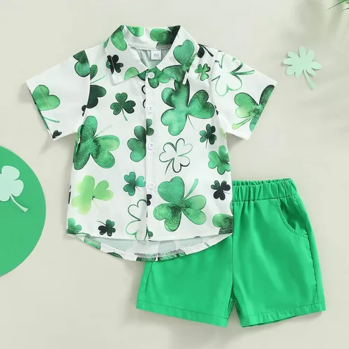 Vista 2 de Conjunto de 2 piezas de camiseta de manga corta con botones y pantalones cortos sólidos para bebé niño