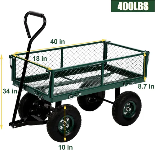Vista 7 de Carrito de jardín de acero resistente, carrito utilitario para patio, carrito utilitario para césped al aire libre con lados extraíbles y ruedas