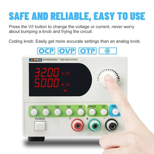 Vista 3 de MATRIX Fuente de alimentación de CC de conmutación pequeña 32V 6A con botón de encendido/apagado, MPS-3206 4-Digit Display, 5 Sets Storage, 10mV