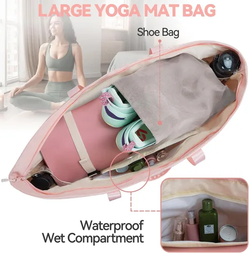 Vista 2 de Large Yoga Mat Tote Bag for Women with Holder Strap,Pilates Gym Tote Bag with Shoes Bag & Wet Pocket