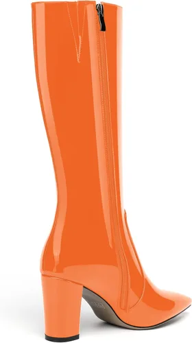 Vista 12 de AMBELIGHT Botas altas hasta la rodilla con cremallera y puntera puntiaguda para mujer, de patente sólida, tacón alto, 3.3 pulgadas